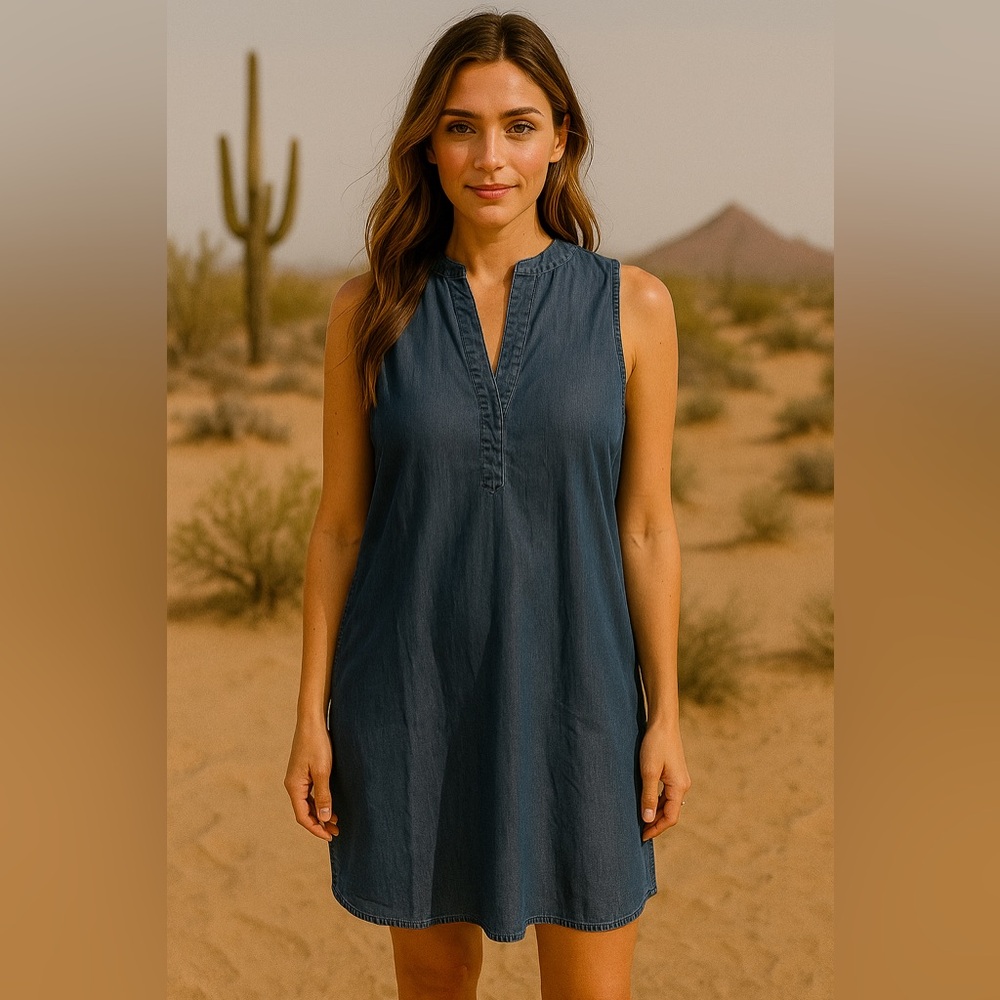 Macys St. John’s Bay Dress NWOT Blue Denim Petite Large sleeveless Shift V neck